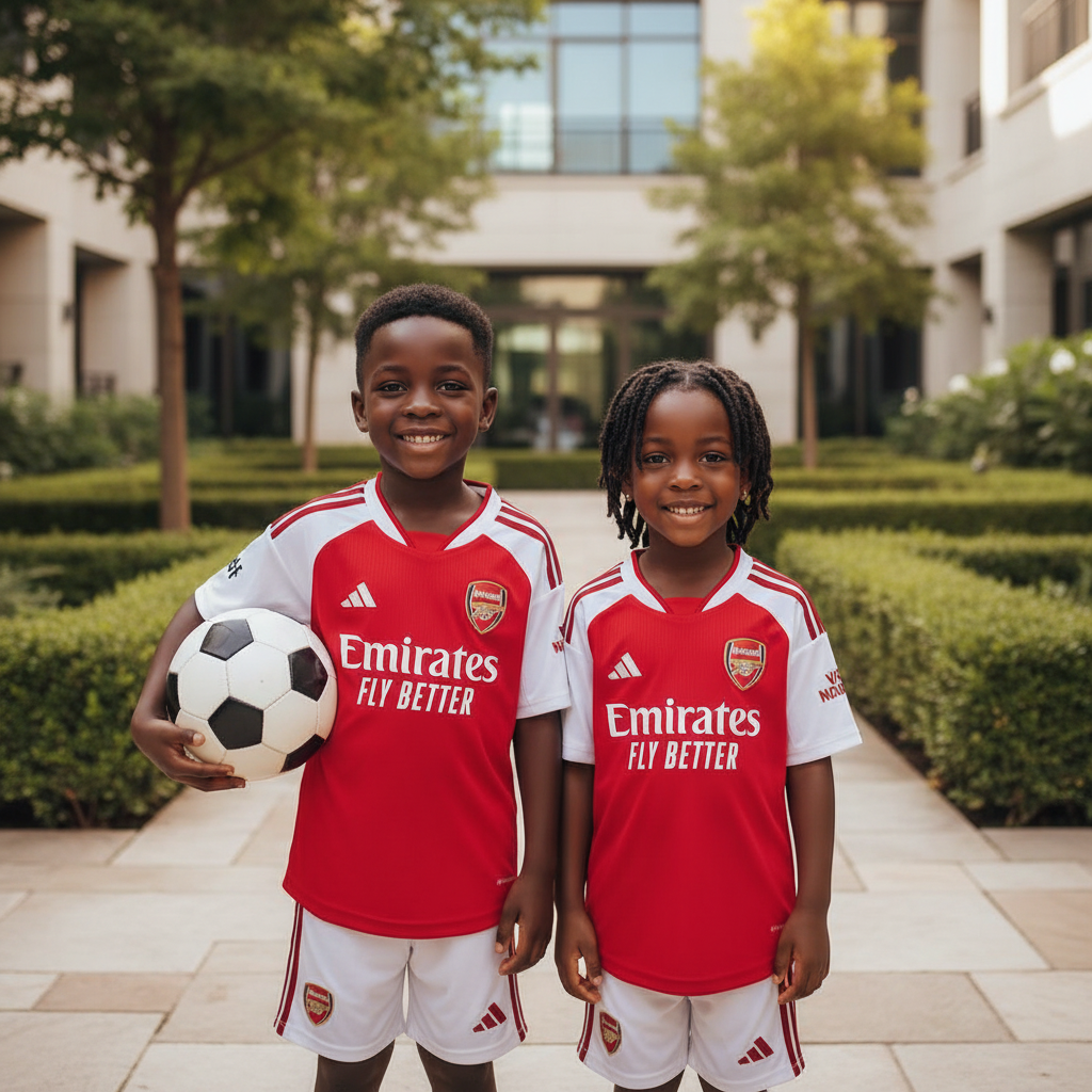 Nigerian boy and girl models wearing red and white raglan sleeve children's football kit in upscale compound garden