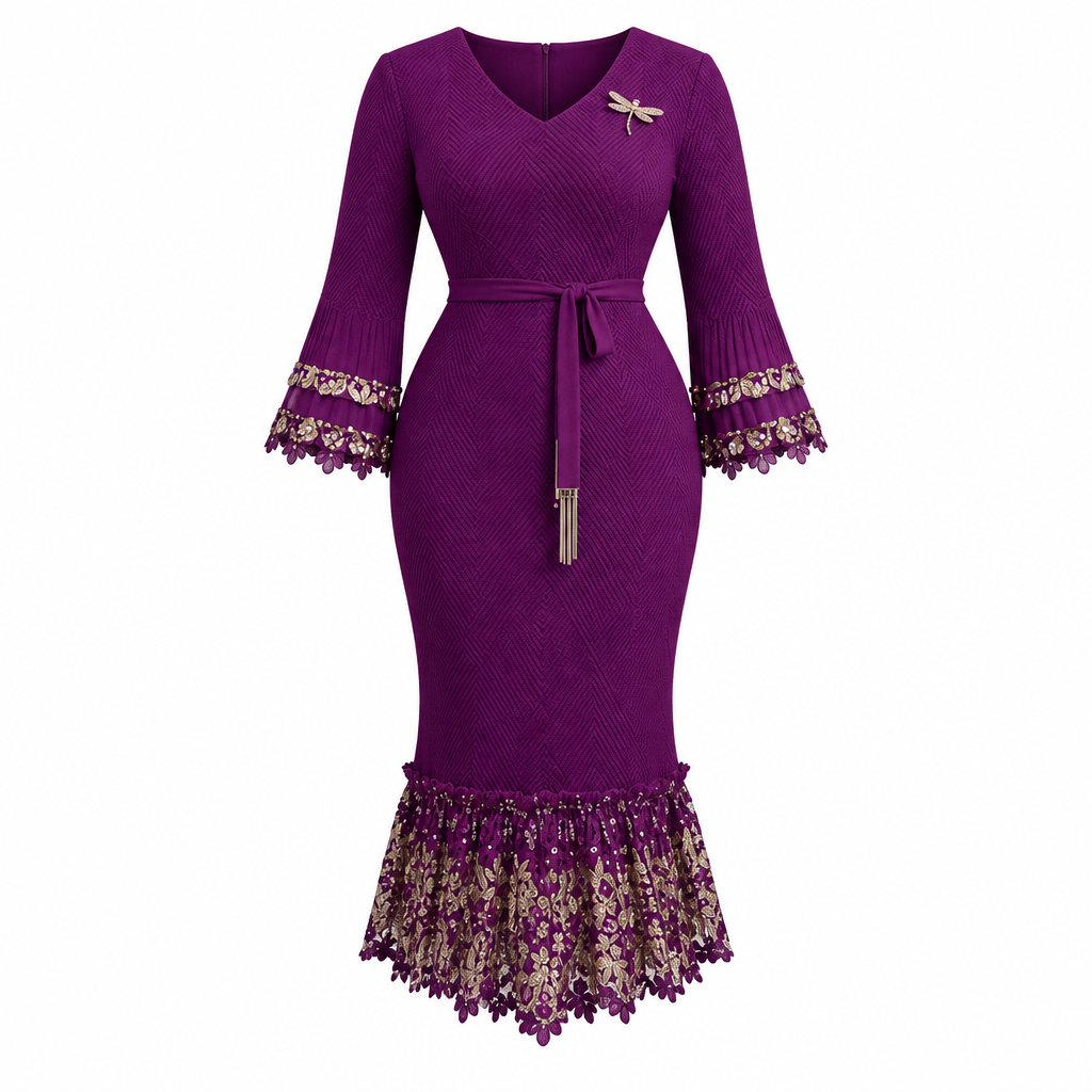 Purple belted lace-flounce occasion dress on white background
