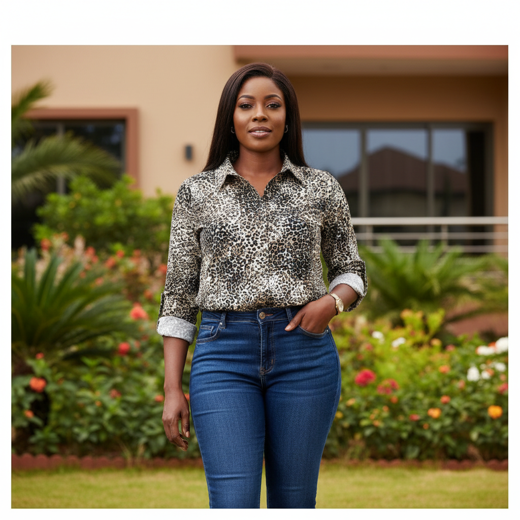 Black and cream leopard print roll-tab shirt - front model view