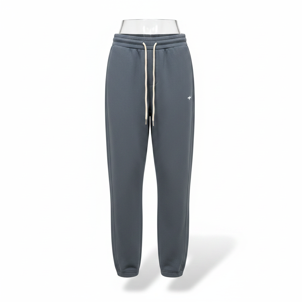 Slate grey shark logo relaxed fit drawstring jogger sweatpants ghost mannequin