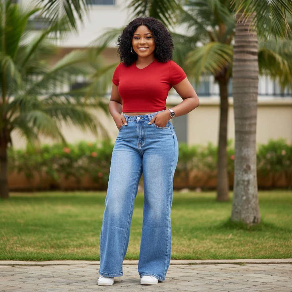 Nigerian female model wearing medium blue high-waist wide-leg flare denim jeans