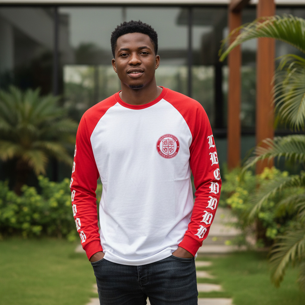 Nigerian male model wearing men's white red raglan gothic print long sleeve shirt