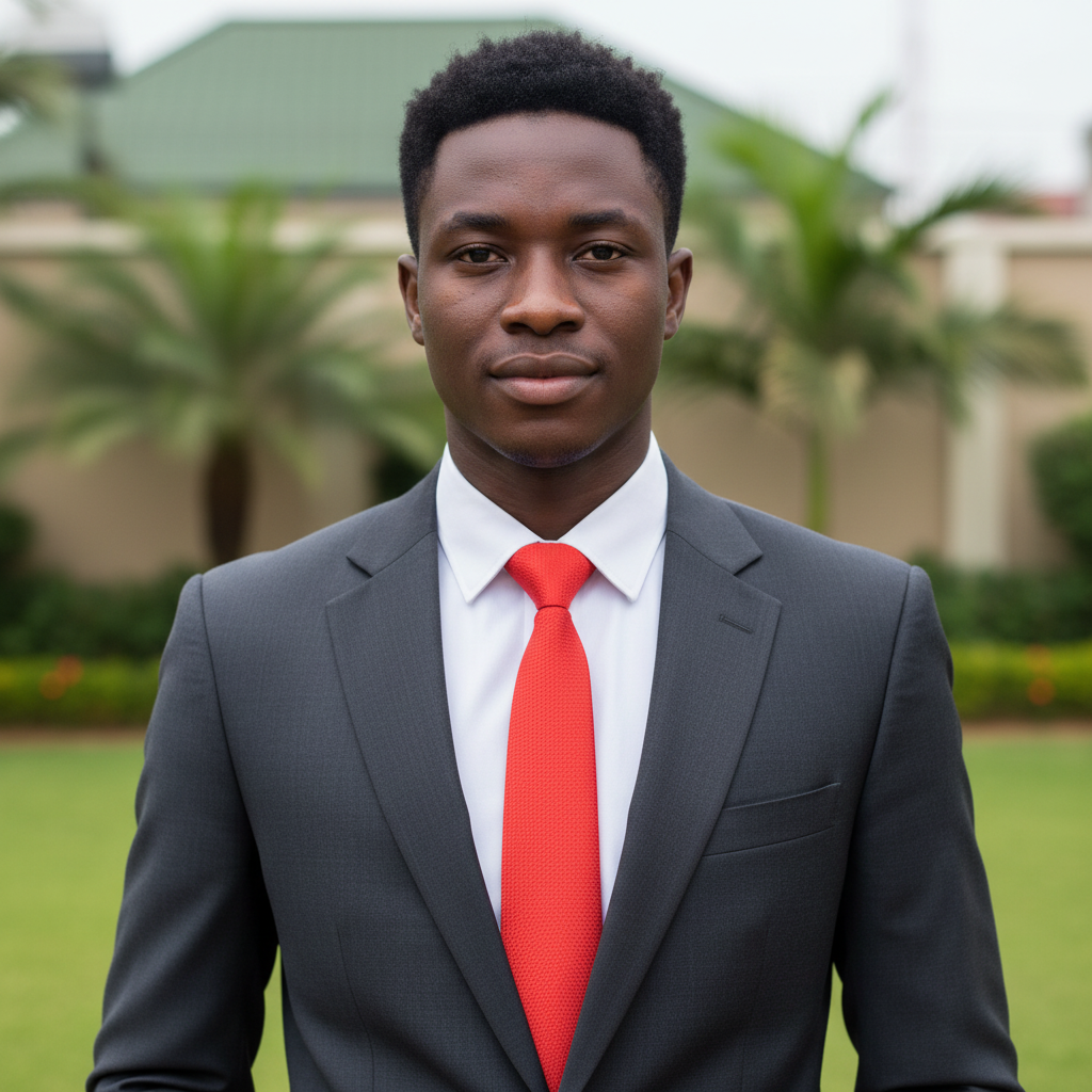 Nigerian male model wearing scarlet red micro-texture diagonal weave woven necktie with white shirt and charcoal suit