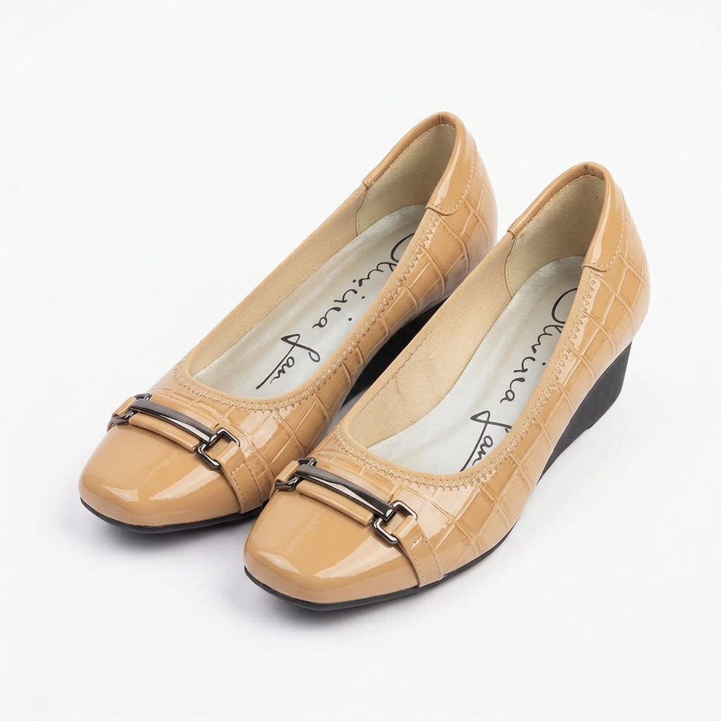 Matching beige square-toe bar-detail wedge shoes