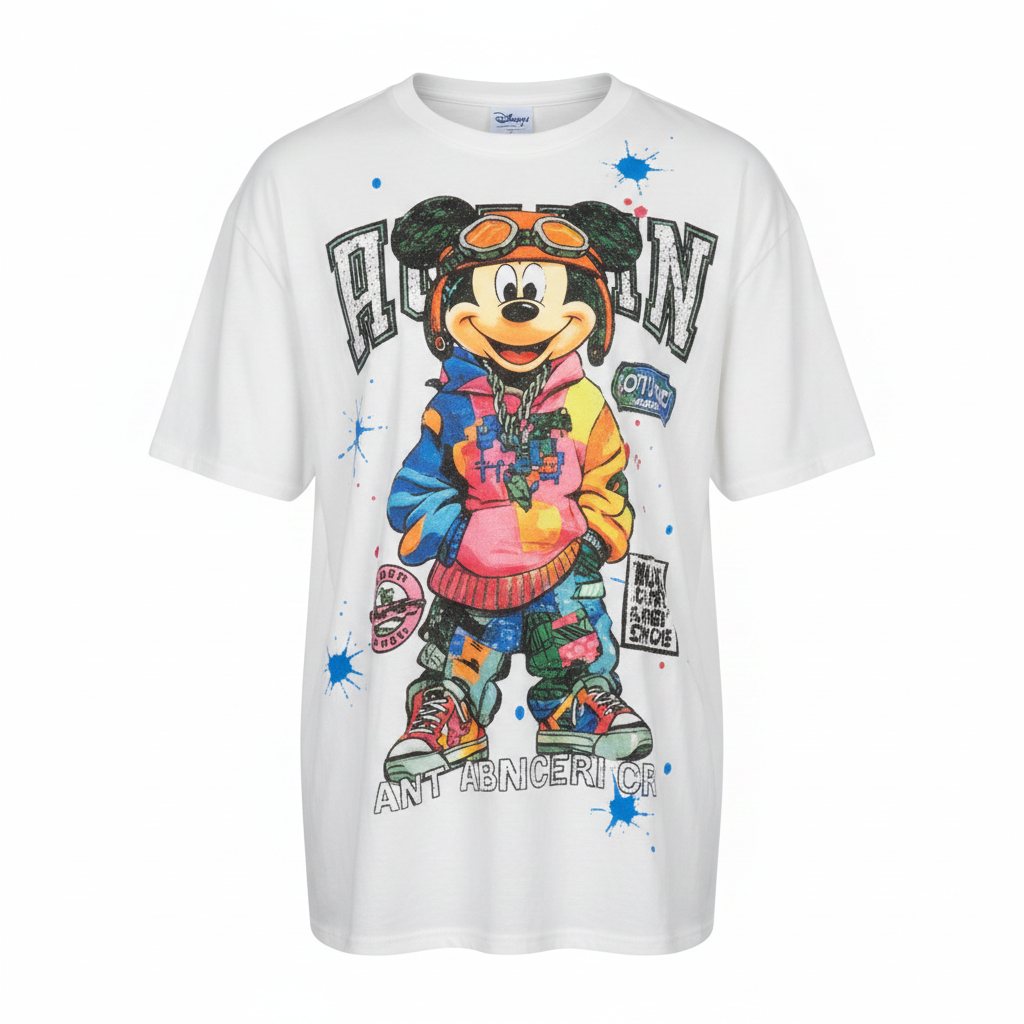 Ghost mannequin view of Women's White Oversized Cartoon Graphic Tee