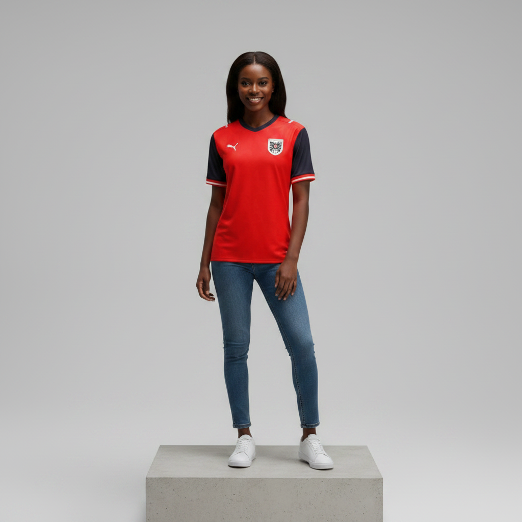 Nigerian female model wearing red navy two-tone football jersey on concrete plinth