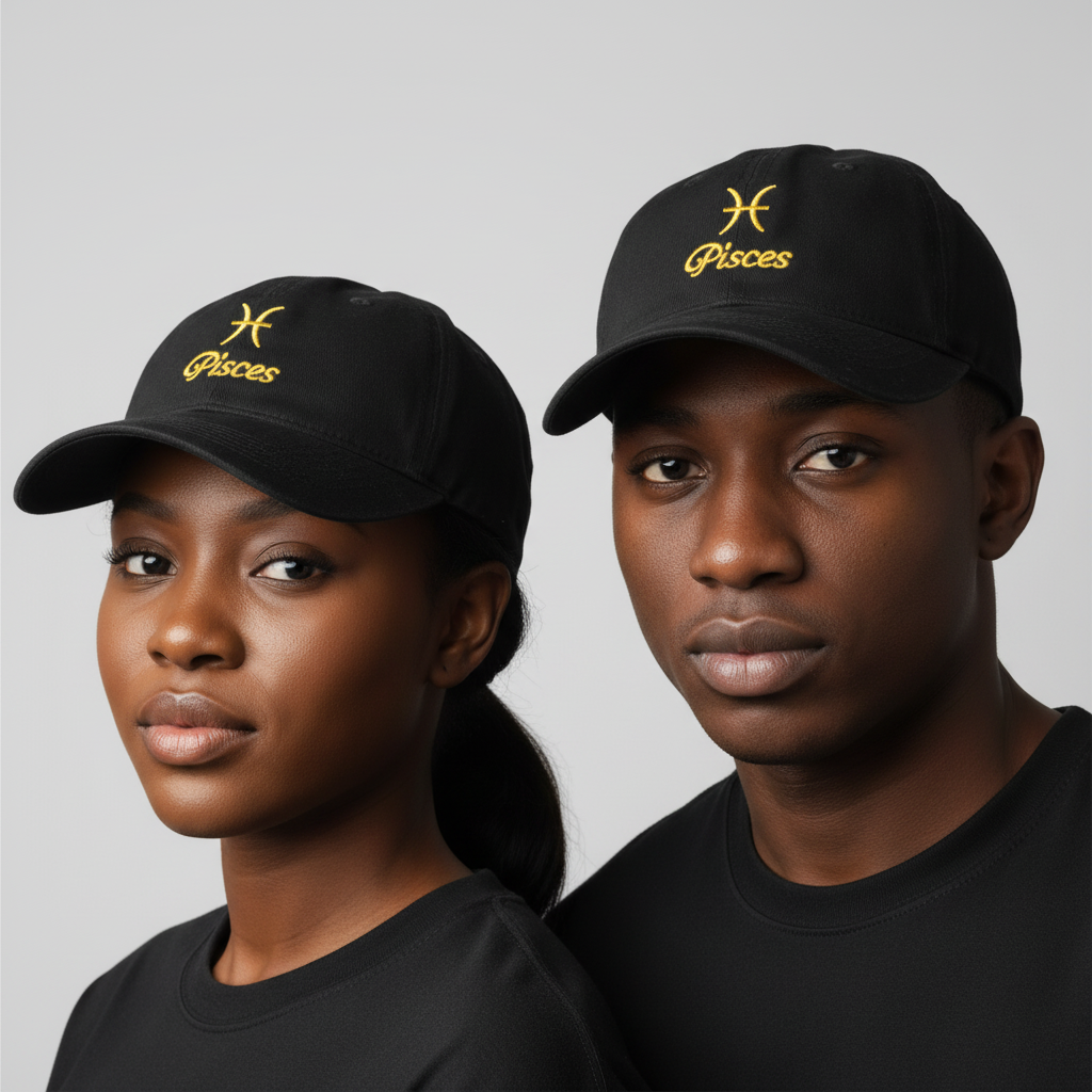 Nigerian female and male models wearing black Pisces zodiac baseball cap with gold embroidery