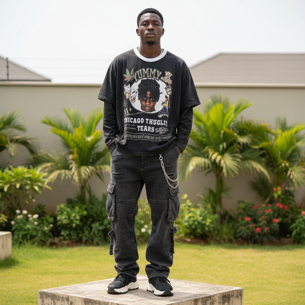 Men's Washed Black Distressed Graphic Oversized T-Shirt – Nigerian Male Model
