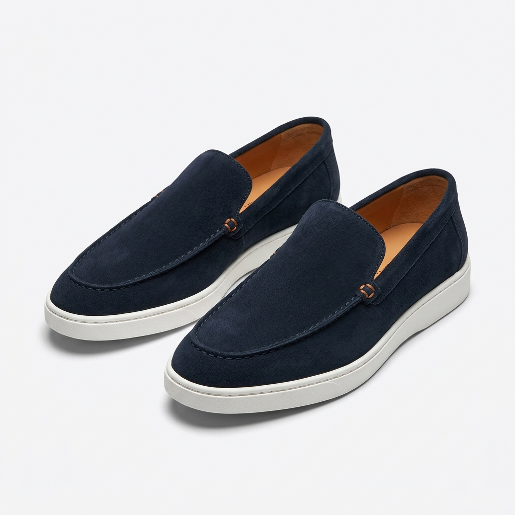 Navy slip-on loafers with white soles and tan interiors