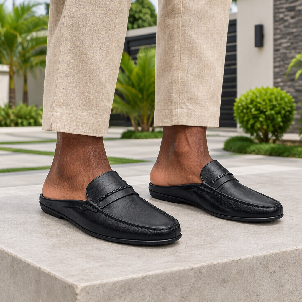 Man wearing black braided strap backless mule slippers with beige linen trousers