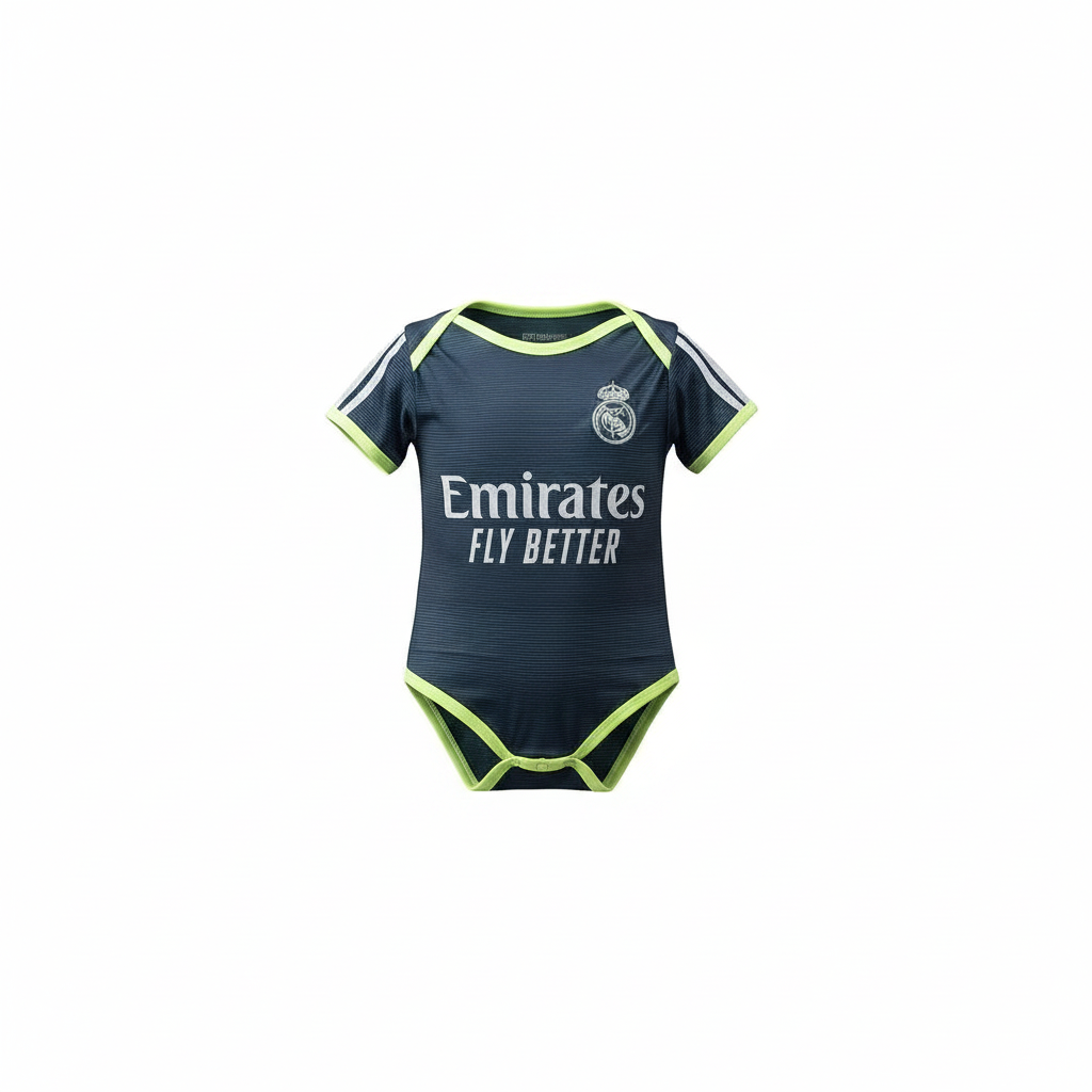 Baby navy & neon green football romper bodysuit – ghost mannequin front view on white background