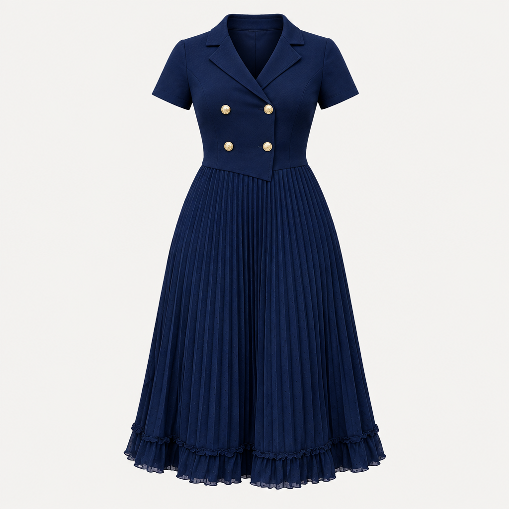 Ghost mannequin view of a navy pleated midi gown with a double-breasted bodice and ruffle hem
