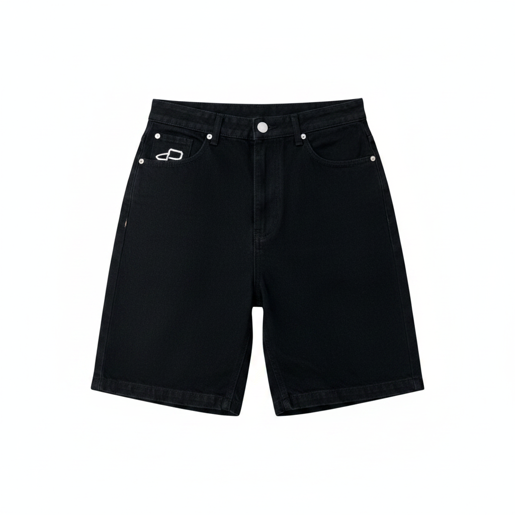 Ghost mannequin front view of black relaxed fit denim shorts with white embroidered pocket logo and silver rivets