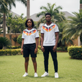 Nigerian female and male models wearing white black red and gold chevron V-neck football jersey