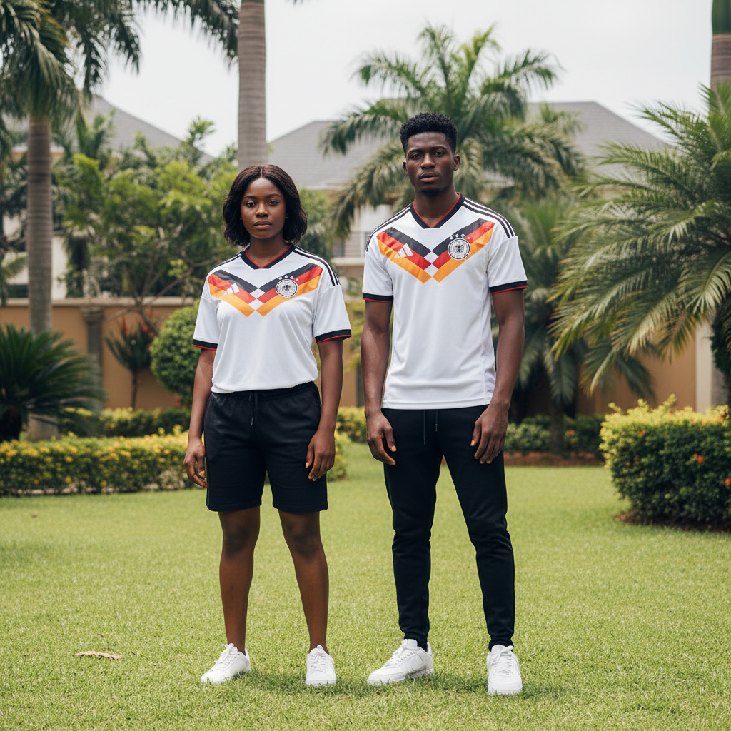 Nigerian female and male models wearing white black red and gold chevron V-neck football jersey