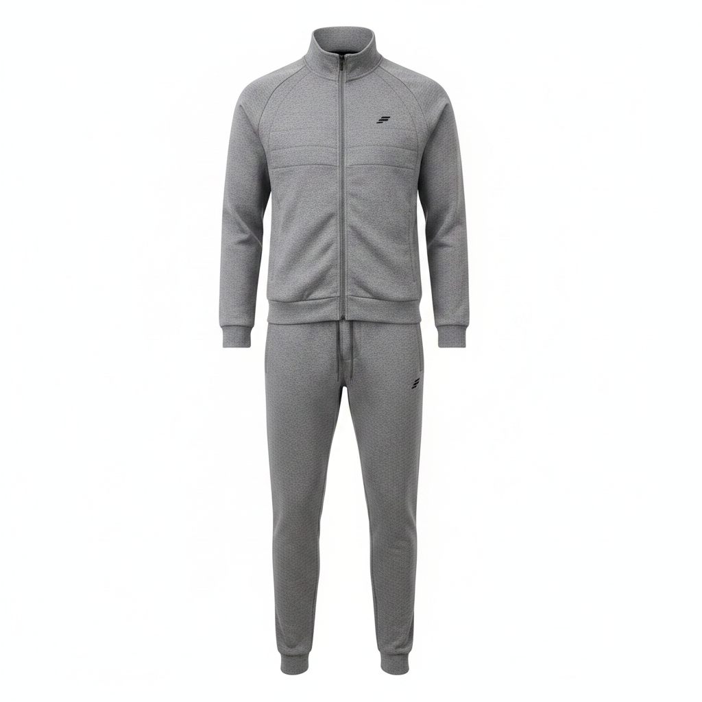 Men's grey marl quilted zip-up tracksuit set on ghost mannequin