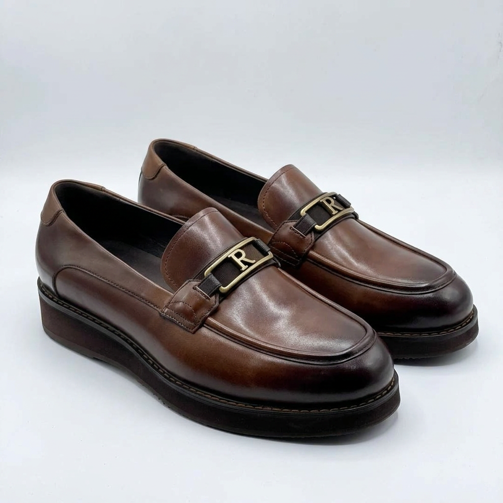 Brown burnished-toe loafers with rectangular gold-tone hardware and dark soles