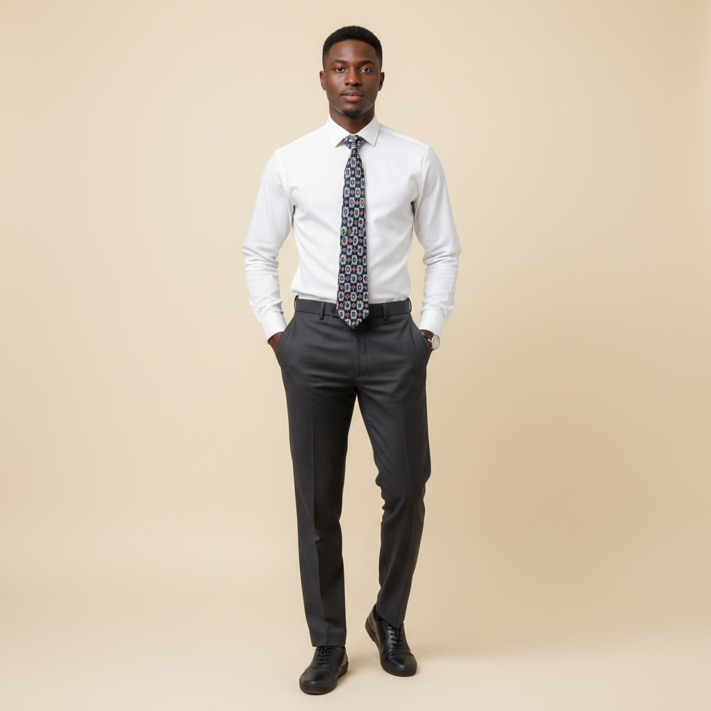 Nigerian male model wearing navy blue geometric mosaic diamond woven necktie with white shirt