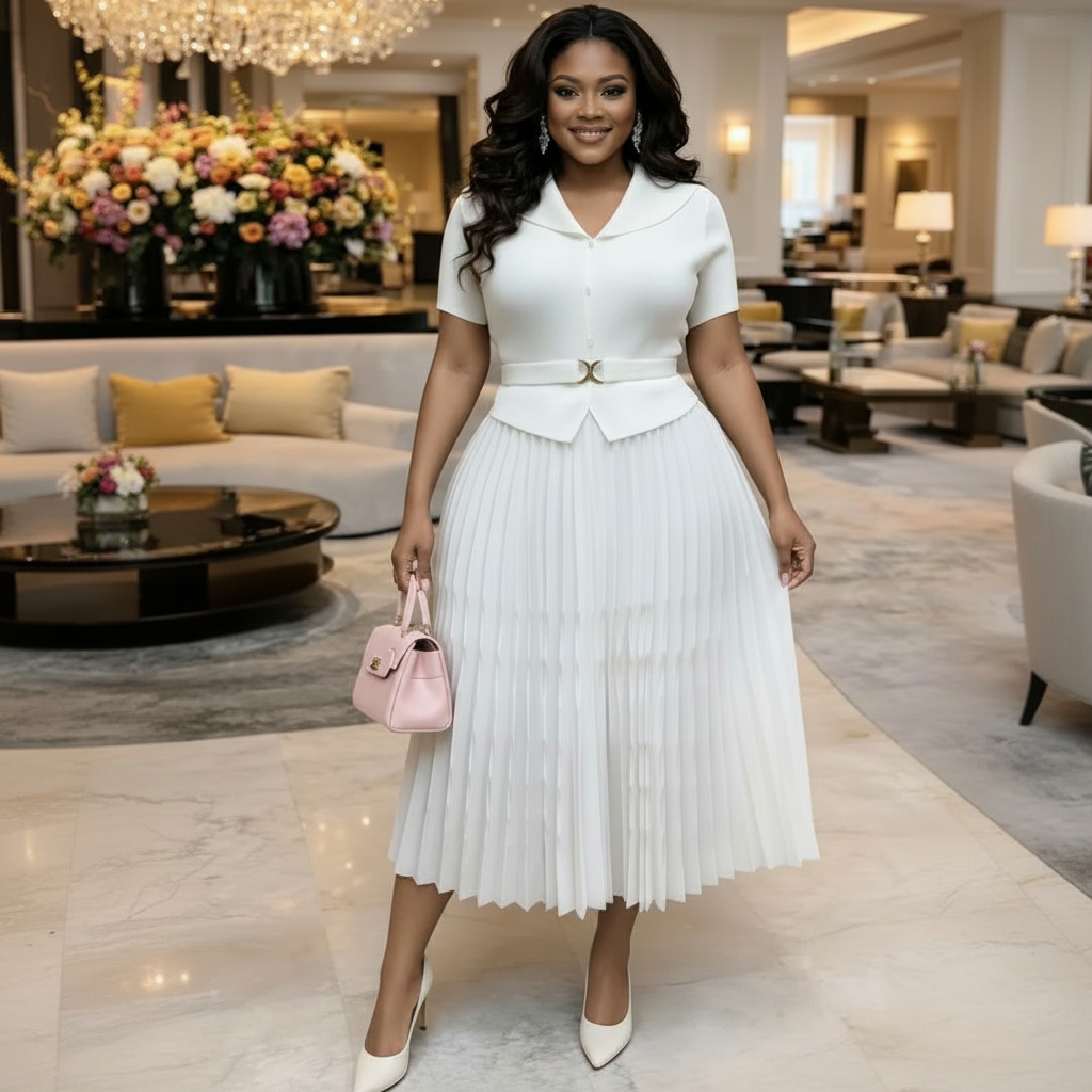 Ivory Pleated Peplum Midi Dress - Model Shot