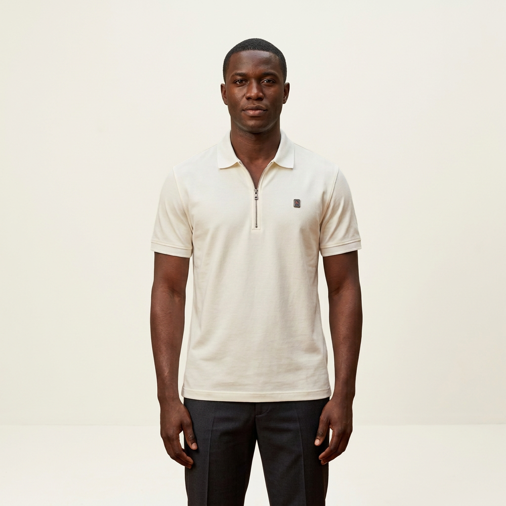 Ivory polo model on a plain off-white background
