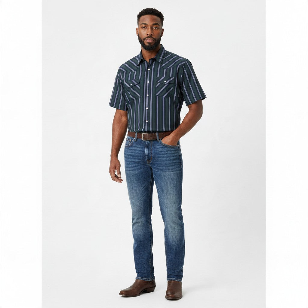 Navy Striped Short-Sleeve Western Shirt