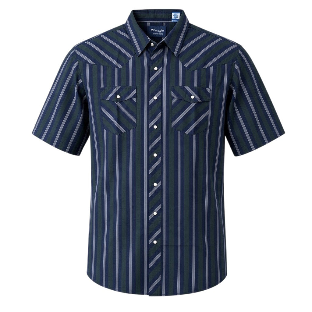 Navy Striped Short-Sleeve Western Shirt