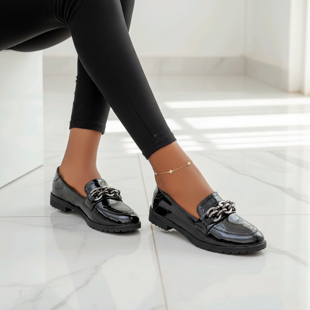 Layinka Black Patent Chain Loafers – Model