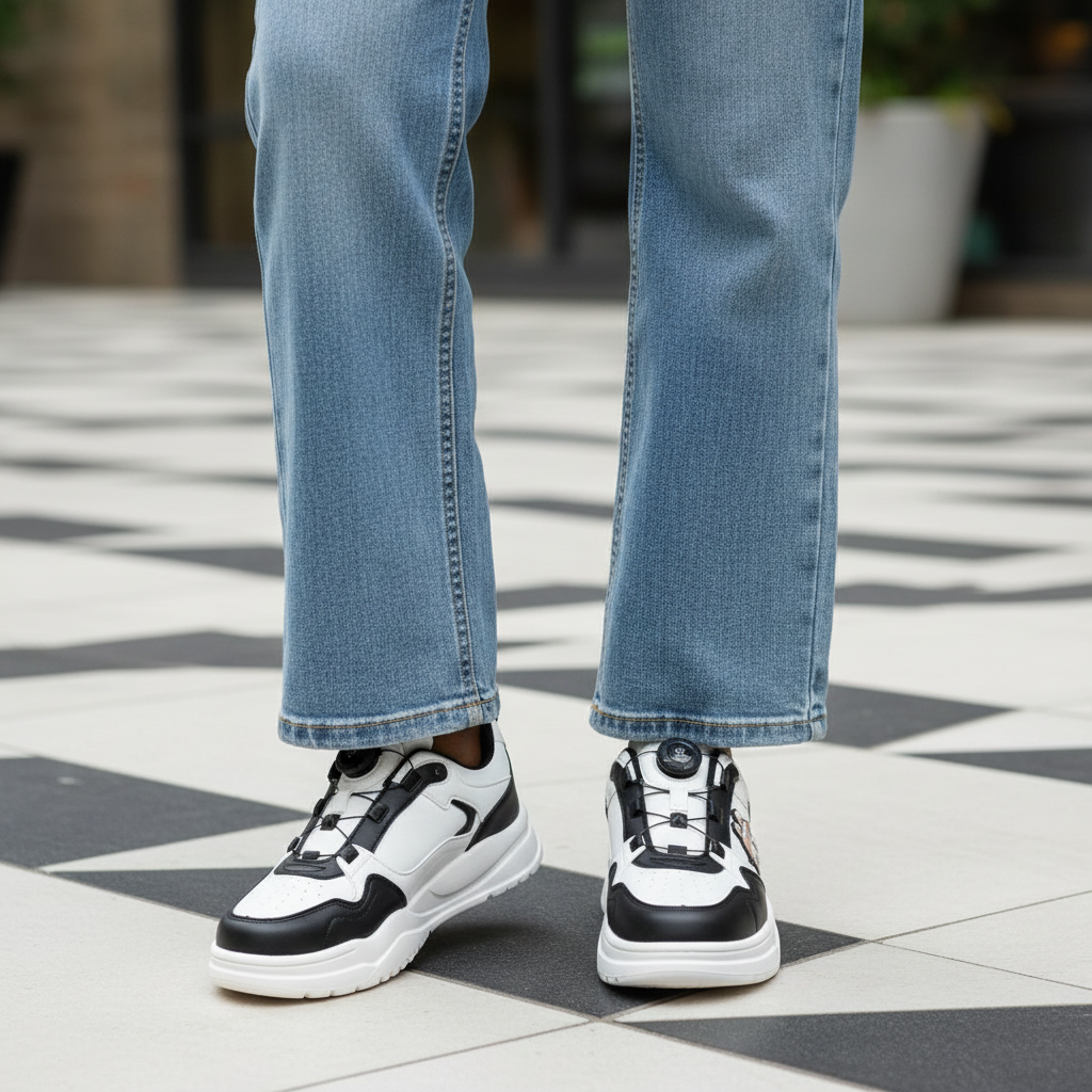 Leg Focus – White & Black Cartoon Chunky Sneakers