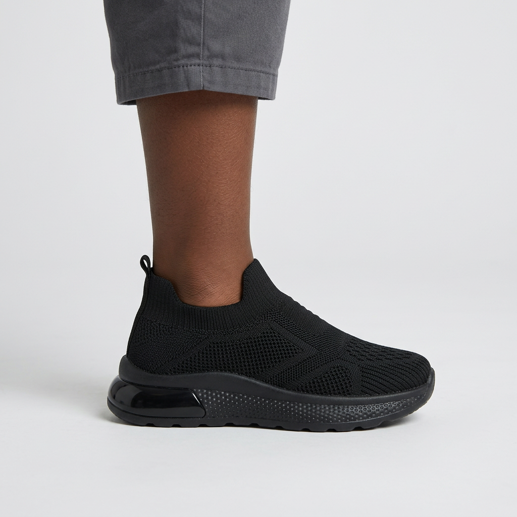 Leg-focused black slip-on sneaker preview