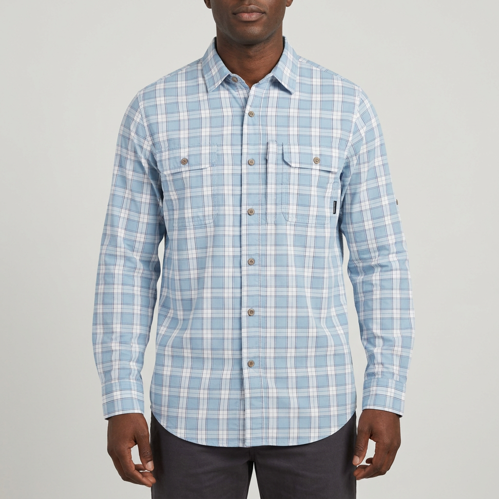 Light blue checked shirt on a model