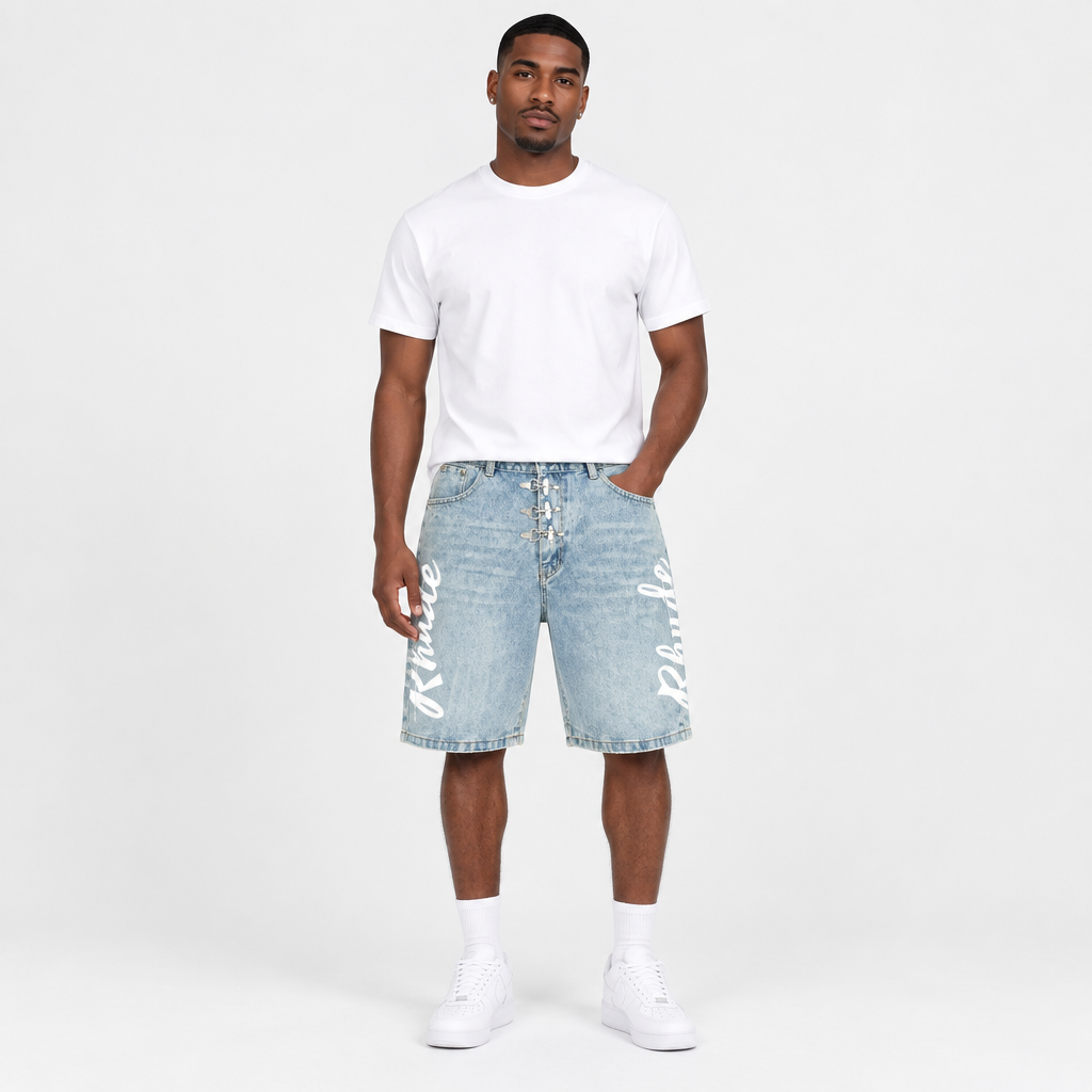 Light-blue script shorts adult model preview