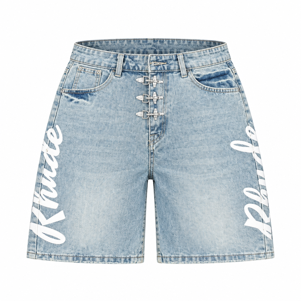 Light-blue script shorts ghost mannequin preview