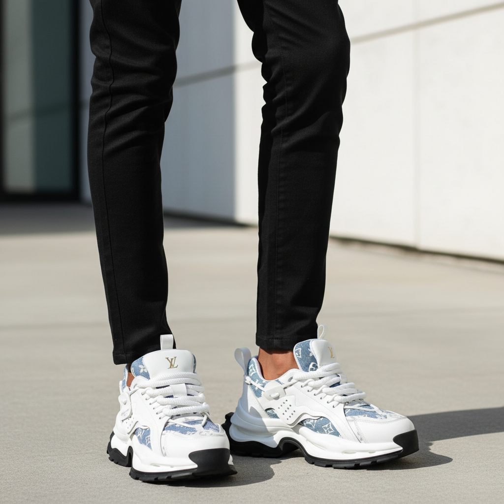 LV Skate Sneaker Monogram Denim – Model Leg Shot
