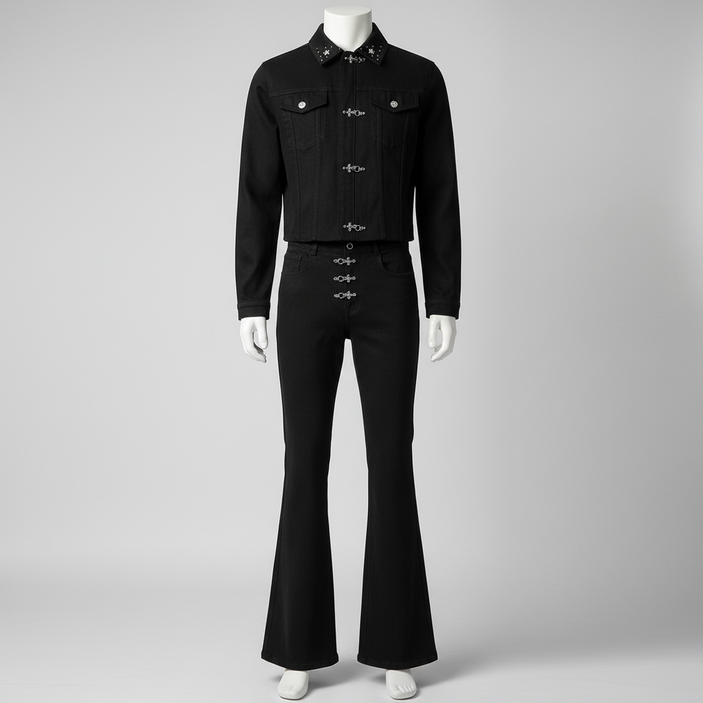 Male Body Form – Black Star-Collar Denim Flare Set