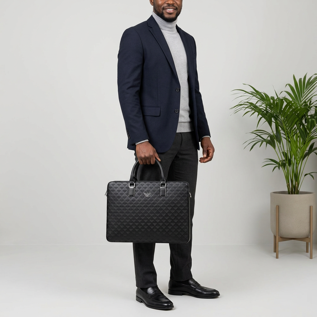Men’s black patterned laptop bag model preview