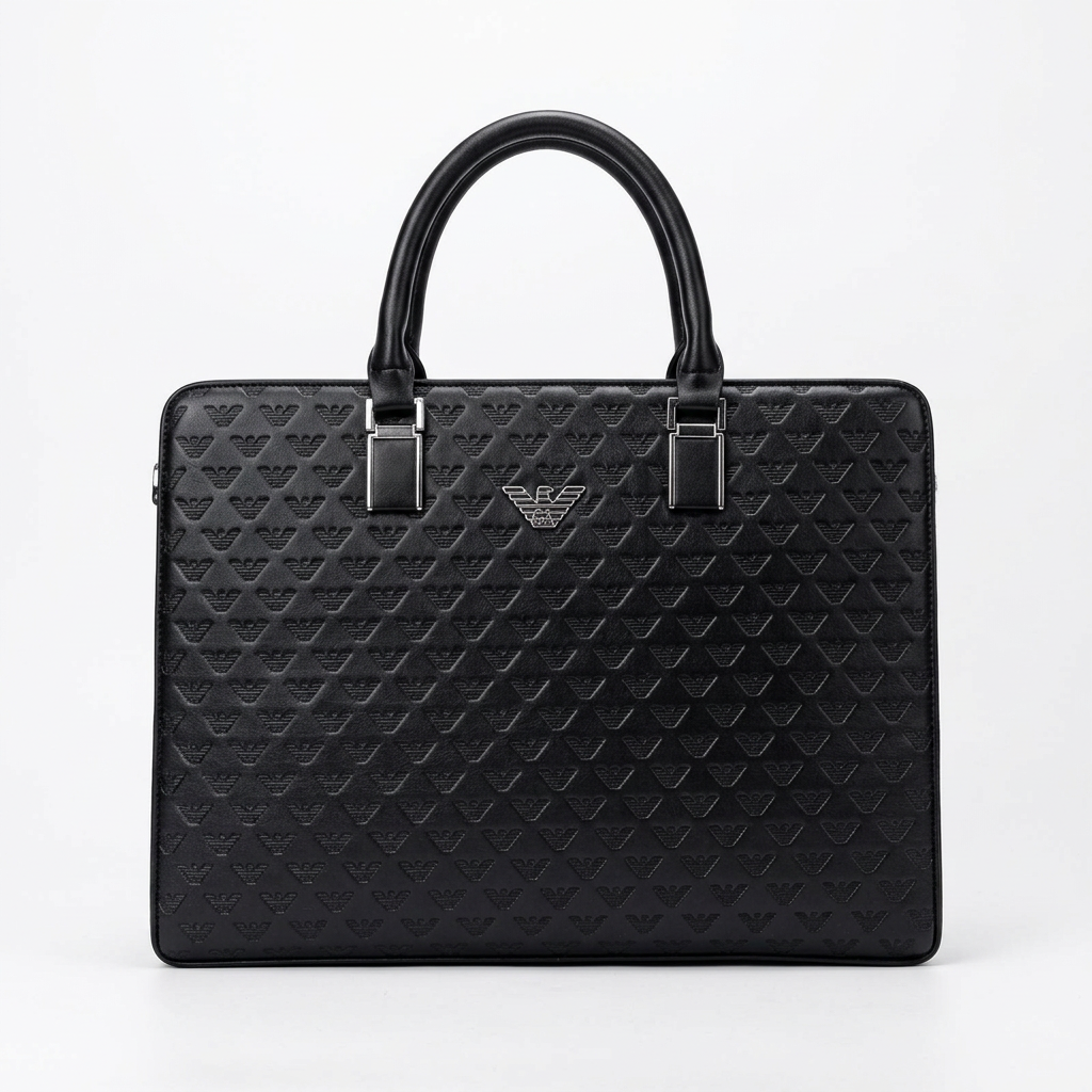 Men’s black patterned laptop bag studio preview