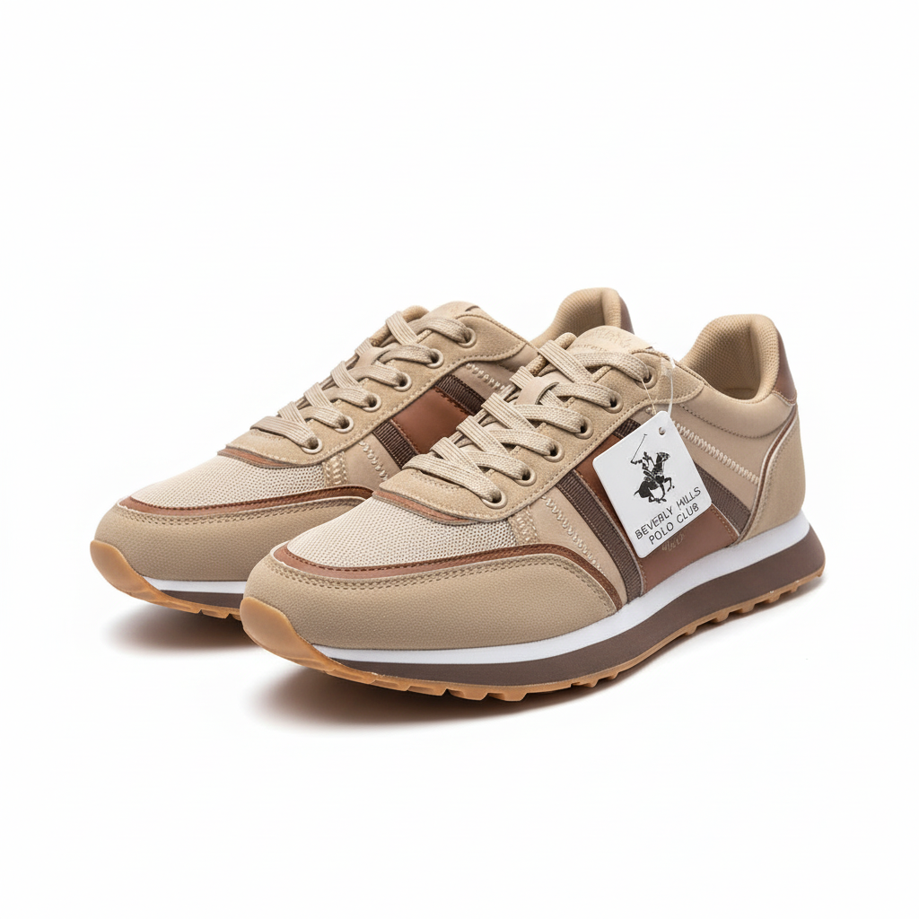 Men's beige and brown mesh lace-up sneakers, complete pair on white background