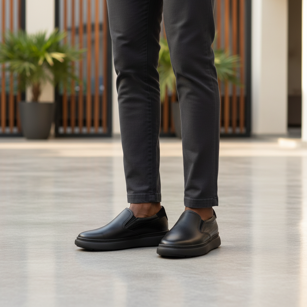 Men's Black Matte Leather Slip-On Loafers – Model Shot