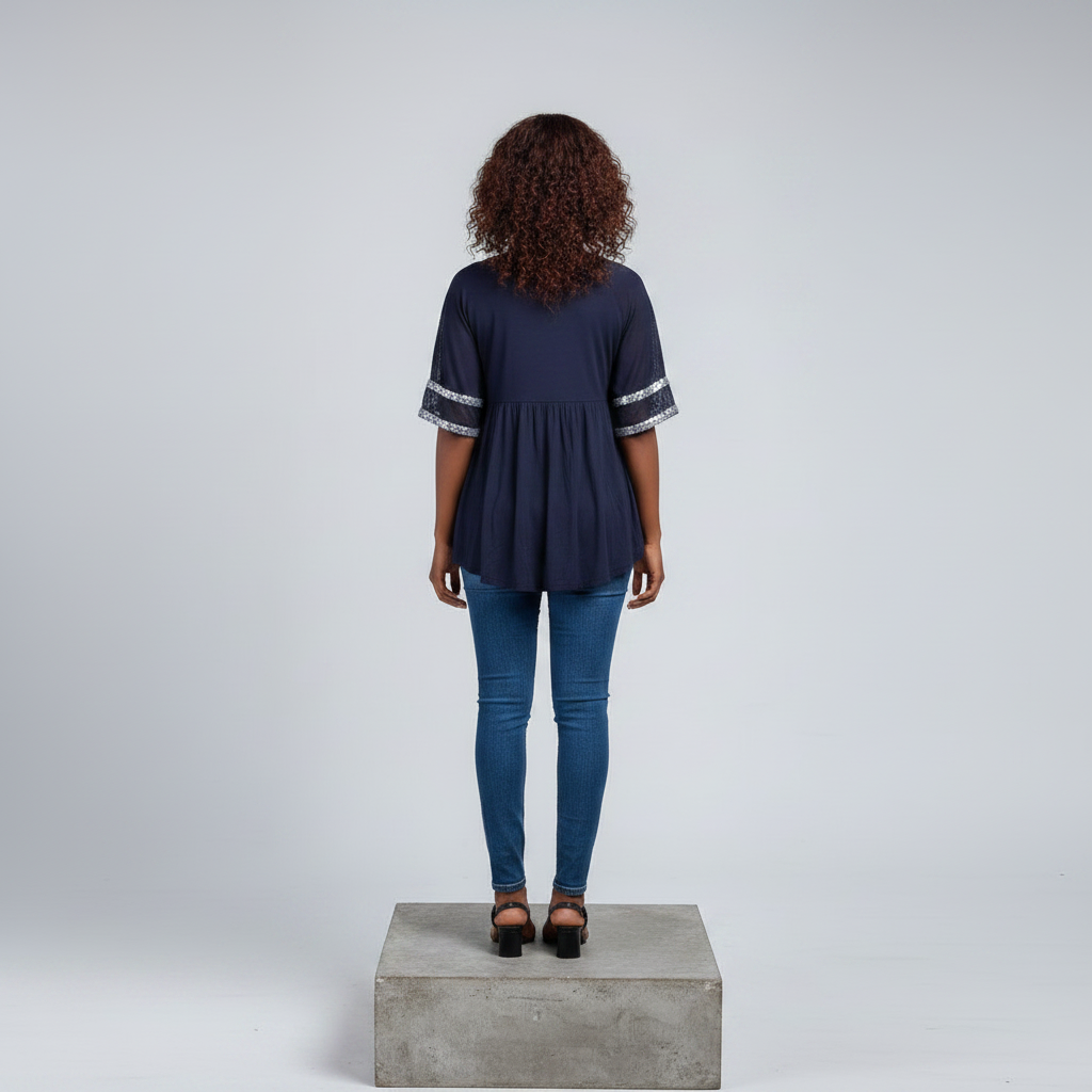 Model Back — Navy Sequin Trim Babydoll Top