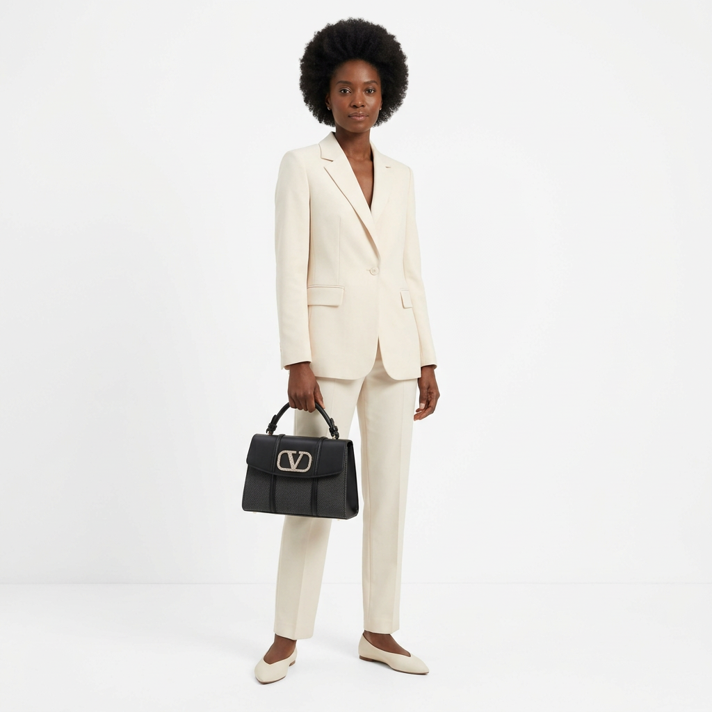 Model carrying one black handbag