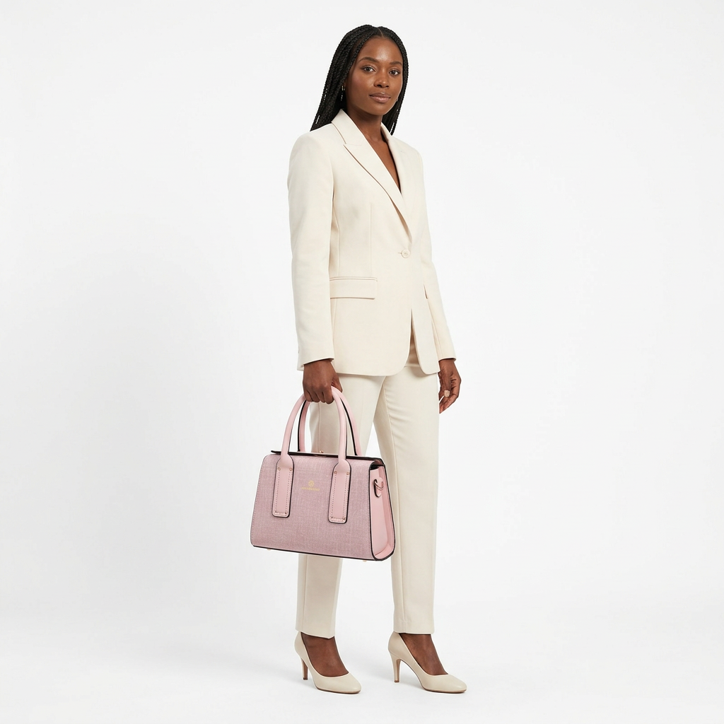 Model carrying one blush-pink handbag