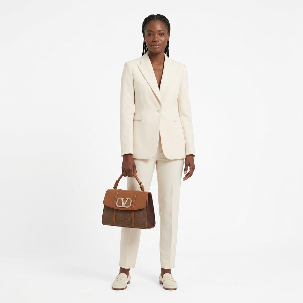 Model carrying one brown handbag