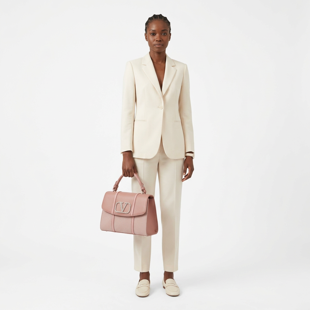 Model carrying one dusty-rose handbag