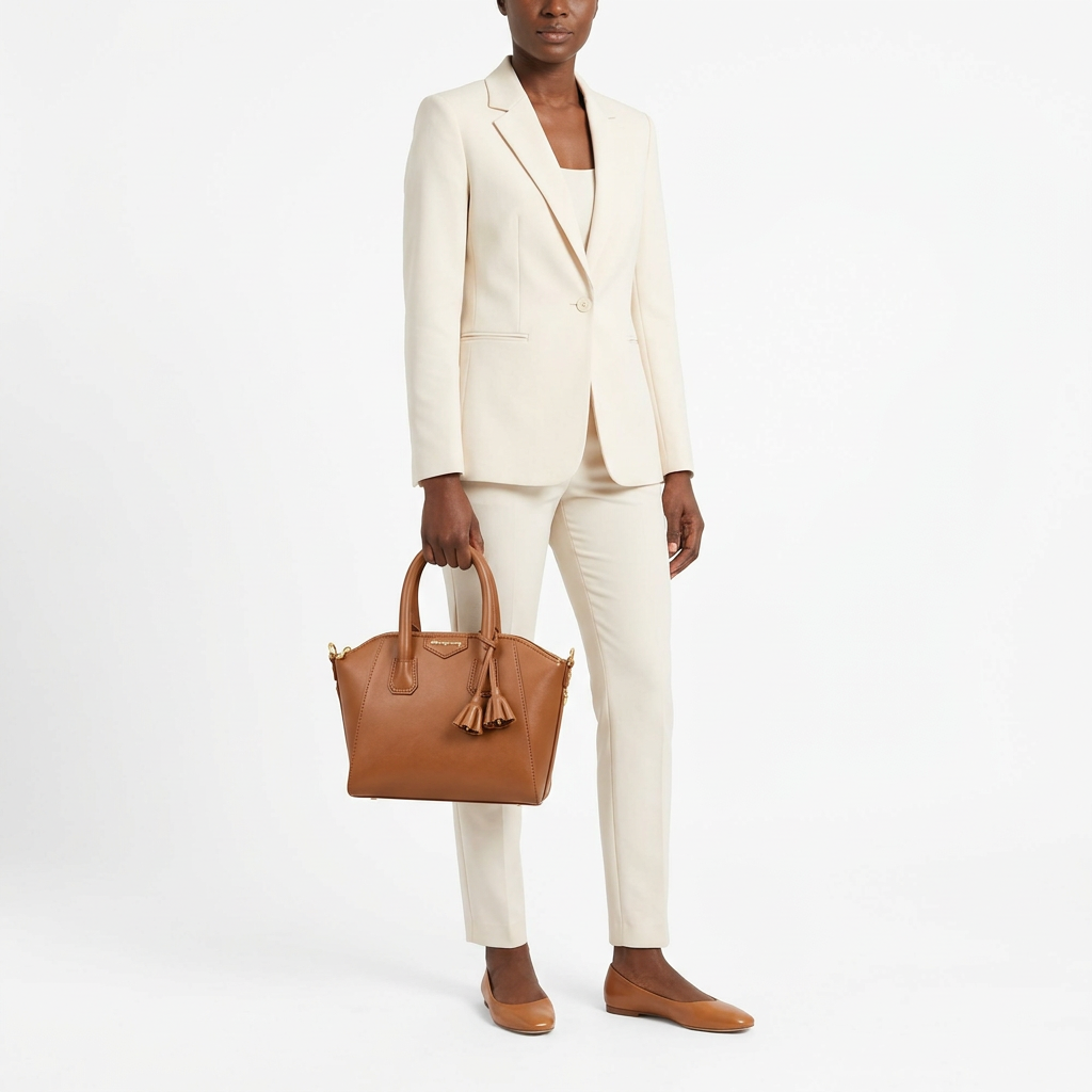 Model carrying one tan handbag
