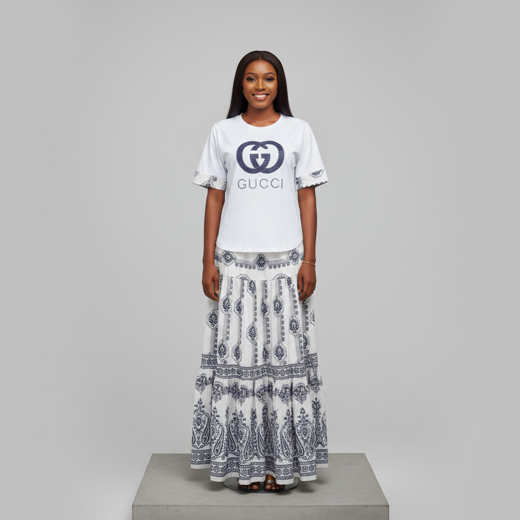 Model Front — White Navy Co-ord Set