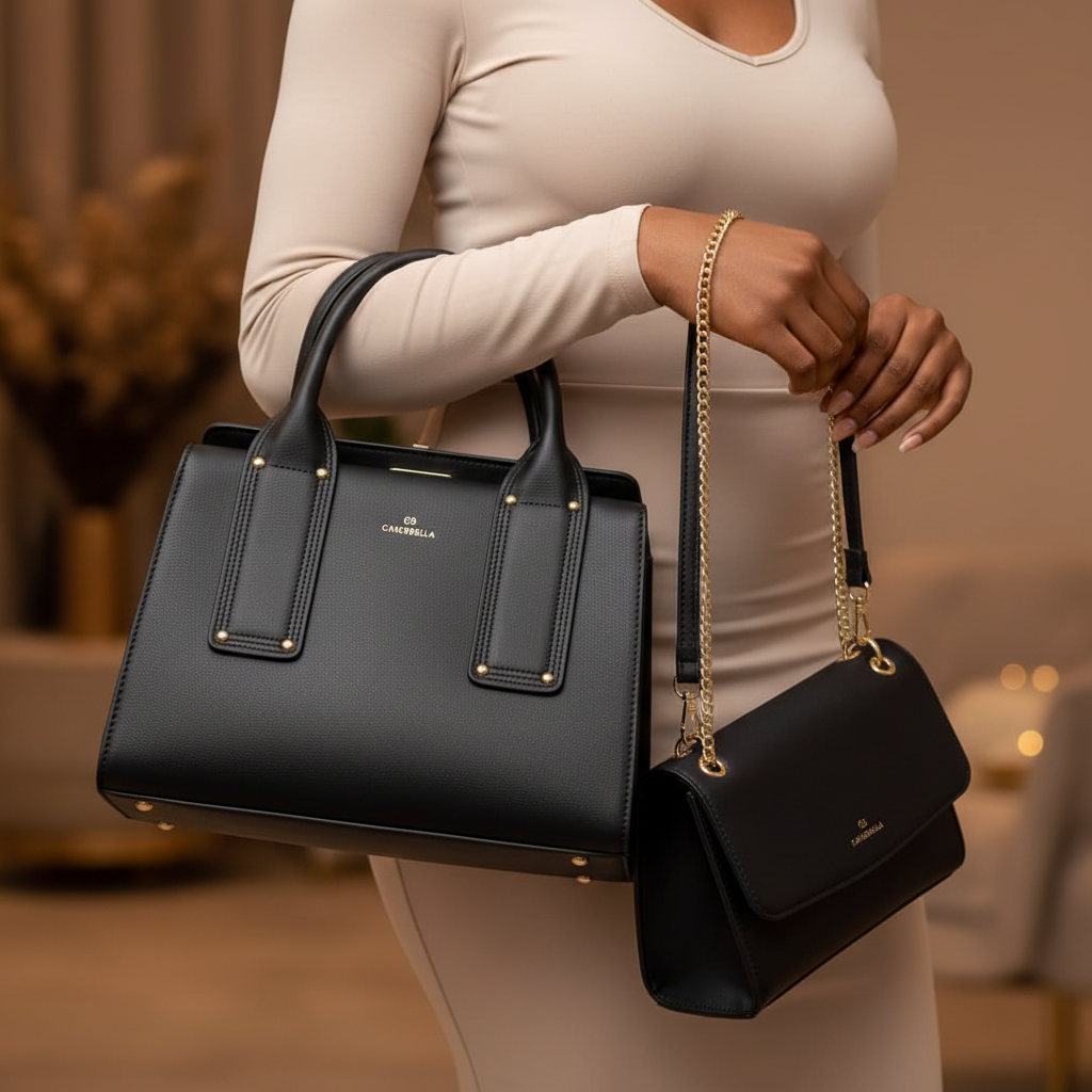 Women's 2-in-1 Designer Bag Set – Black Tote & Crossbody