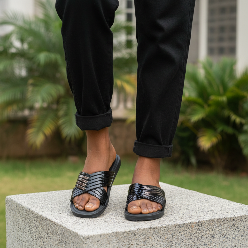 Women's All-Black Patent Multi-Strap Crossover Slide Slippers