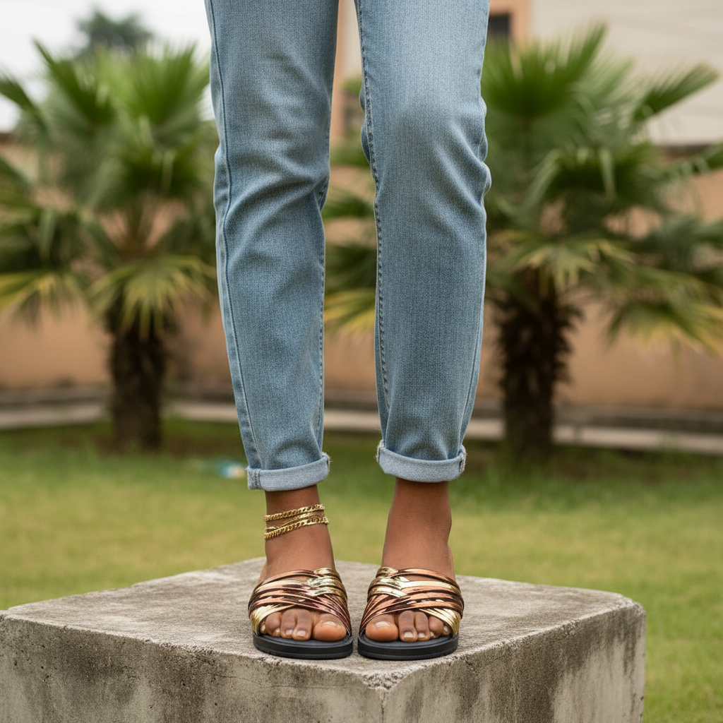 Women's Gold Bronze Metallic Multi-Strap Crossover Slide Slippers