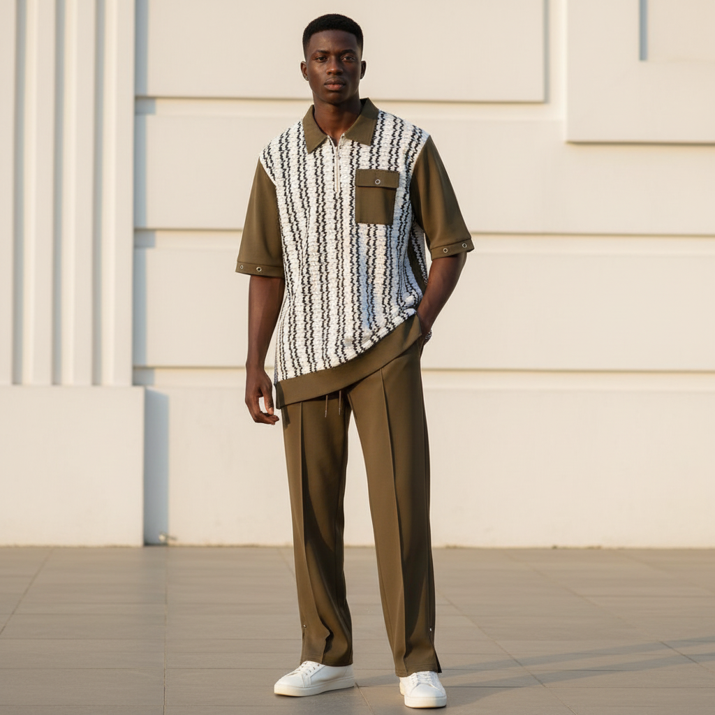 Model – Olive Zigzag 3/4 Sleeve Polo & Trouser Set