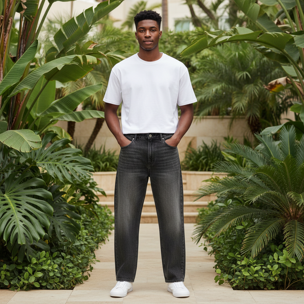 Model Shot – African Gen Z – Men's Dark Grey Baggy Denim Jeans